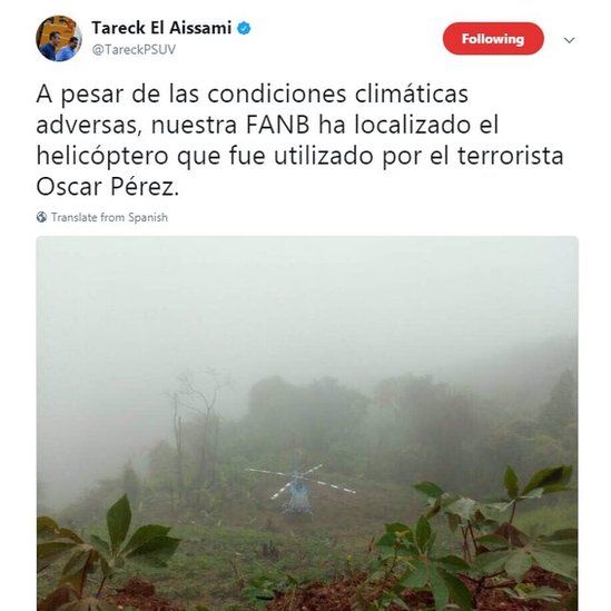 Despite adverse weather conditions, our armed forces have found the helicopter used by the terrorist Oscar Pérez