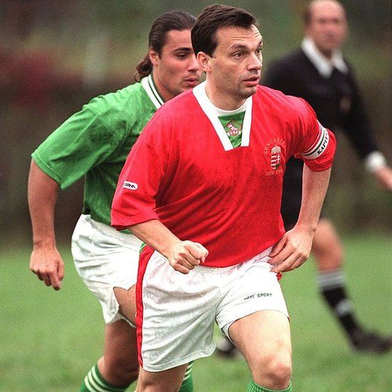 Hungarian Prime Minister Viktor Orban (R) moves the ball upfield during a friendly football match at the Hungarian American Citizens Club on 10 October 1998 in Woodbridge, New Jersey