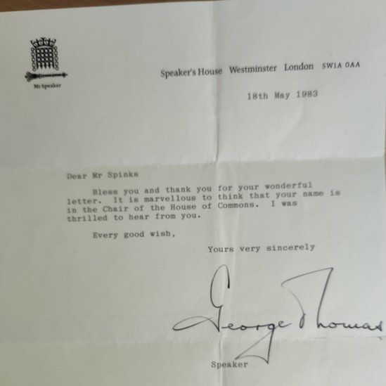 A letter from the Speaker George Thomas to Mr Lashford-Spinks