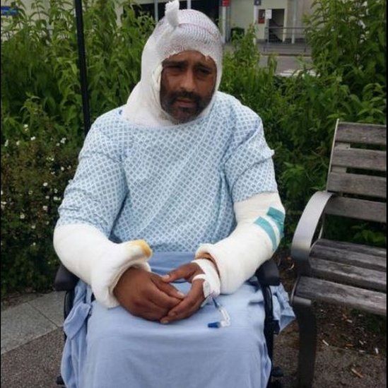 Jameel Muhktar in hospital gown