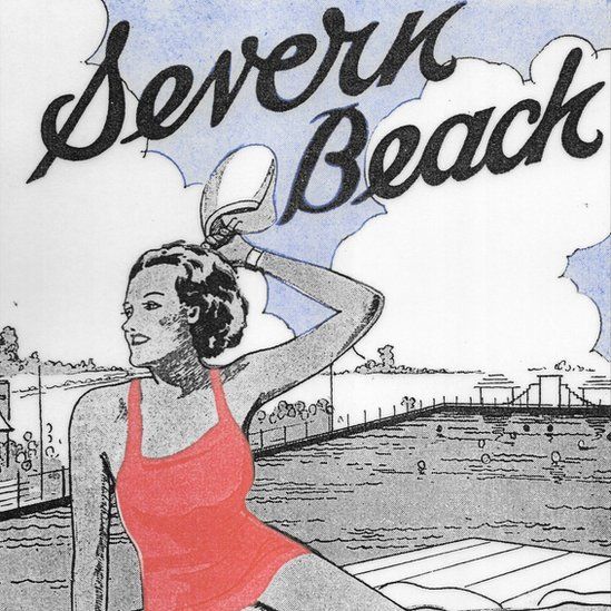 A promotional poster for Severn Beach with a pop art style woman in a red costume