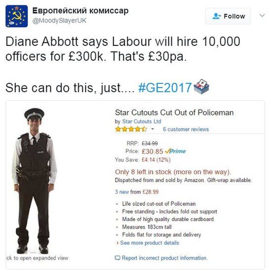 Diane Abbott says Labour will hire 10,000 officers for £300k. That's £30pa.