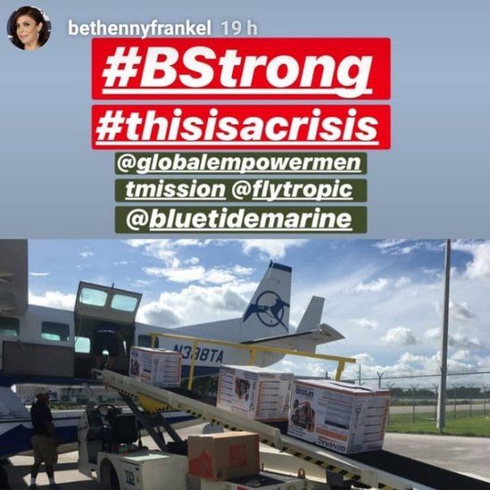 Bethenny Frankel instagram story post of flight loading supplies