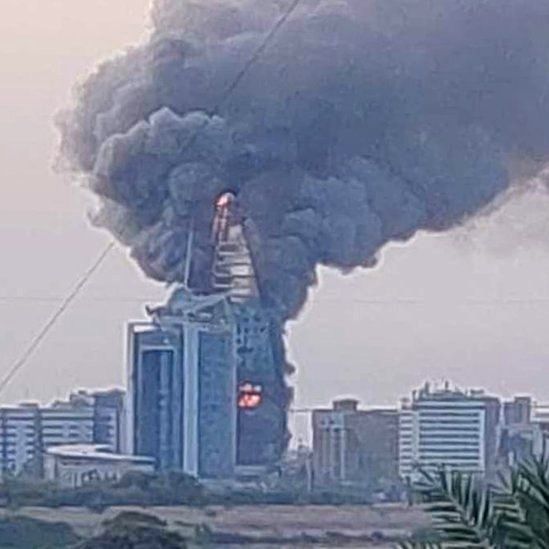 Fire raging at Greater Nile Petroleum Oil Company Tower, Khartoum
