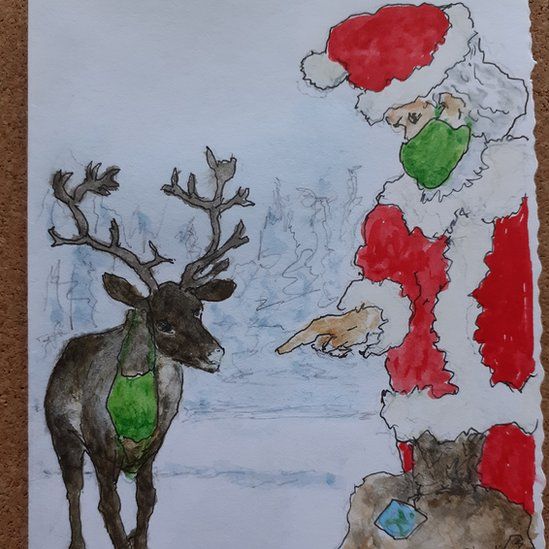 David Handford's Christmas card drawing of Santa and a reindeer