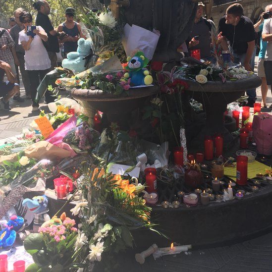 Flowers at a tribute on the Ramblas