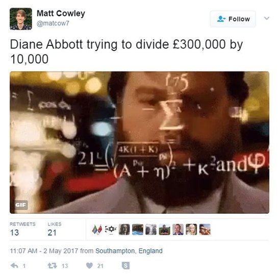 Diane Abbott trying to divide £300,000 by 10,000