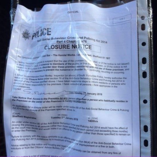 The police closure notice said the bar's owners were due to appear in court on Tuesday to discuss the closure
