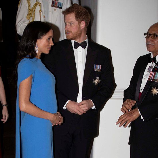 Britain"s Prince Harry and Meghan, the Duchess of Sussex, arrive for a reception and state dinner hosted by Fiji"s President