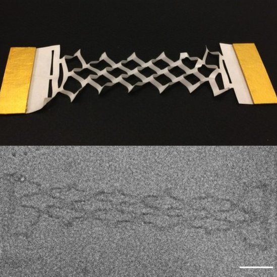 A stretched kirigami graphene spring and a paper model.