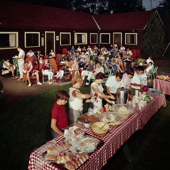 A family backyard buffet photographed in 1960