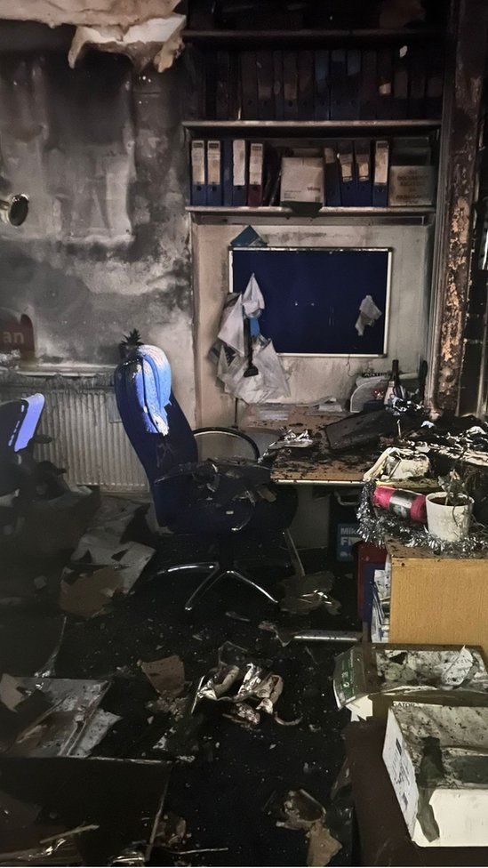 An office damaged by fire