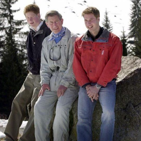 Prince Charles with sons Harry and William prior to the beginning of their annual skiing holiday in Klosters