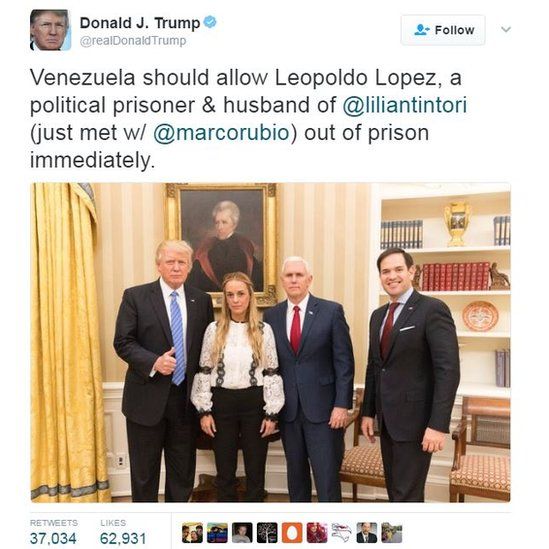 A tweet by Donald Trump reading: "Venezuela should allow Leopoldo Lopez, a political prisoner & husband of @liliantintori (just met w/ @marcorubio) out of prison immediately.