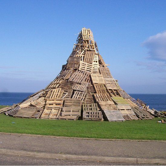 Wooden pallets stacked for a bonfire in Peterhead