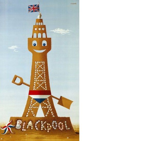 A poster designed by Abram Games showing Blackpool Tower made out of sand and topped with a Union Flag