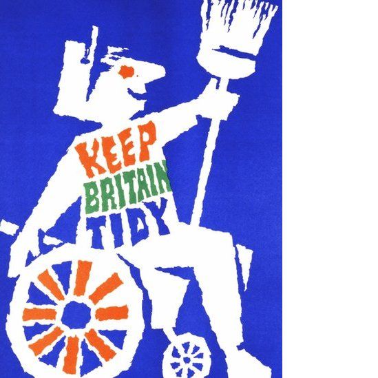 A poster designed by Abram Games showing a person in a wheelchair holding a broom and bearing the logo "Keep Britain Tidy"