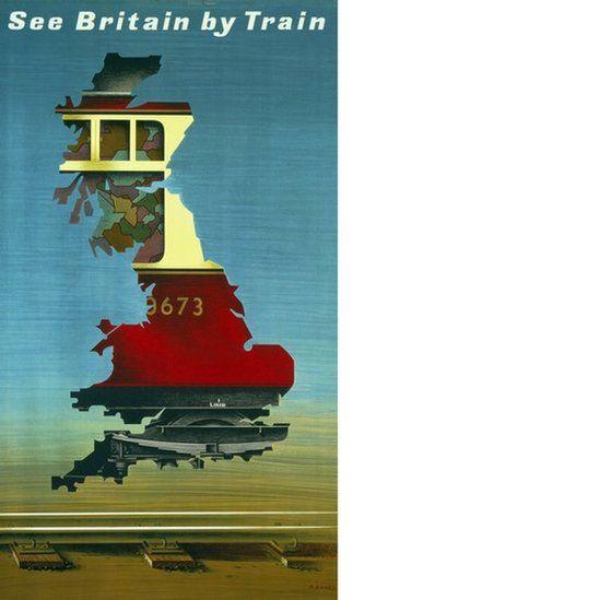 A poster designed by Abram Games showing part of a train as seen through an outline of a map of Britain