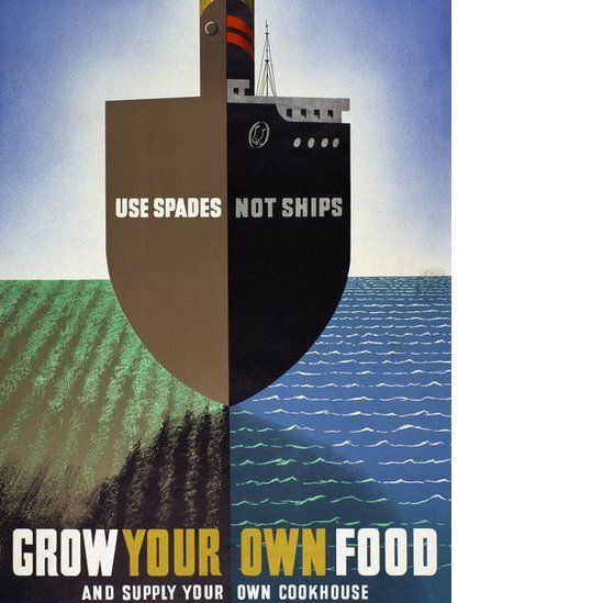 A poster designed by Abram Games showing a design which could be seen as a spade digging into the ground or a ship on the sea. The logo says: "Use spades not ships: Grow your own food and supply your own cookhouse."