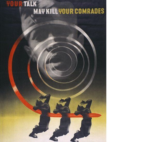 A poster designed by Abram Games showing ripples coming from a man's mouth stabbing three people. The logo says: "Your talk may kill your comrades."
