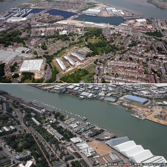 Aerial images of the former dockyard - 2011 - northern part at the top showing St Mary's Island; southern part below showing the Historic Dockyard