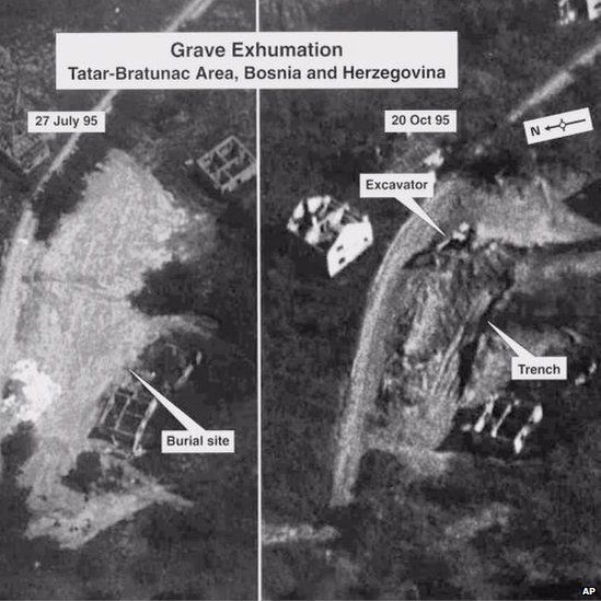Aerial photo of mass graves around Srebrenica shown as evidence during the trial of Bosnian Serb Army Gen Radislav Krstic on 25 May 2000 at the Yugoslav War Cimes tribunal in The Hague.