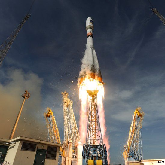 A Soyuz rocket lifting off from Europe's Kourou spaceport in French Guiana, with two Galileo test satellites, Oct 2012