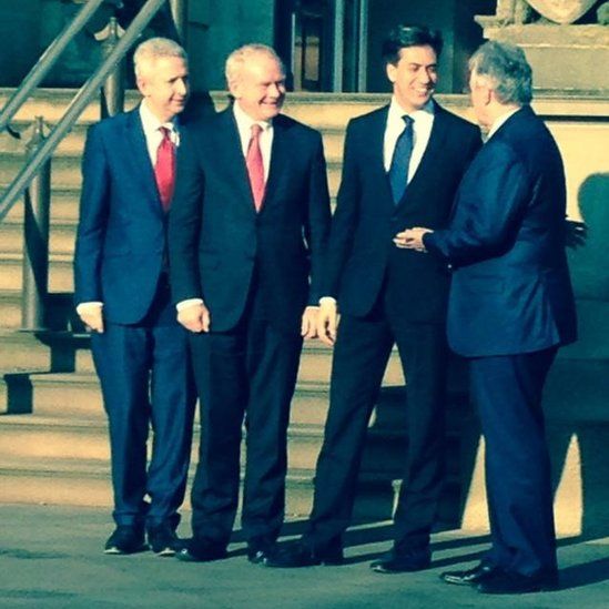 Ed Miliband met Peter Robinson and Martin McGuinness at Stormont Castle