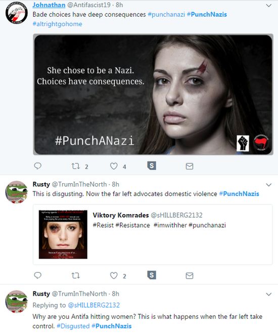A Twitter account from @Antifascist19 shows a photo of a battered woman with the text "She chose to be a Nazi. Choices have consequences". It is followed by two tweets from @TrumInTheNorth that say "This is disgusting. Now the far left adbocates domestic violence" and "Why are you antifa hitting women? This is what happens when the far left take control"