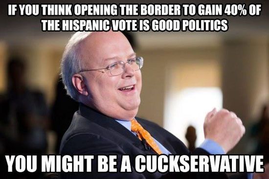 Twitter meme of Karl Rove "If you think opening the border to gain 40% of the hispanic vote is good politics you might be a cuckservative