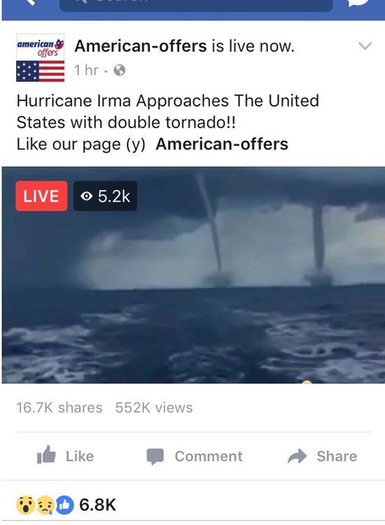 A Facebook Live claiming to show a double tornado approaching Florida was part of hurricane Irma was actually footage from at least 2007.