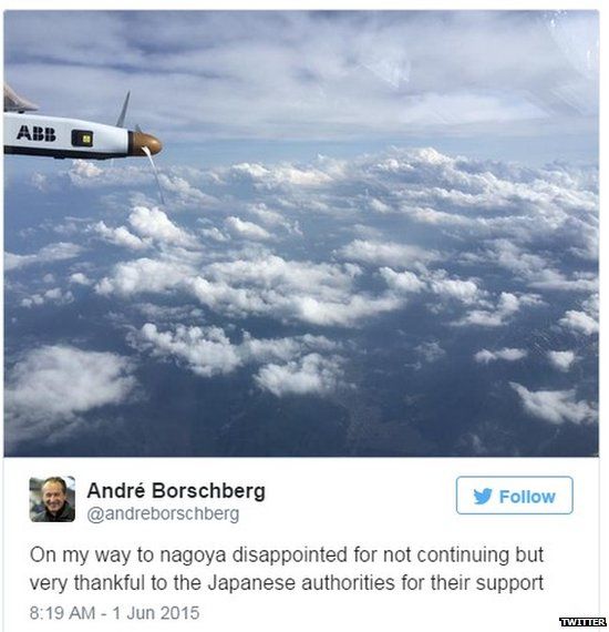 Tweet by Solar Impulse captain Andre Borschberg