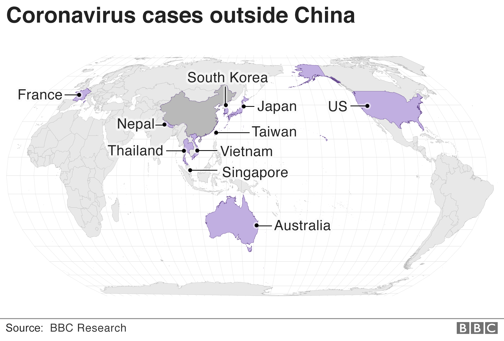 Map showing spread of coronavirus outside China