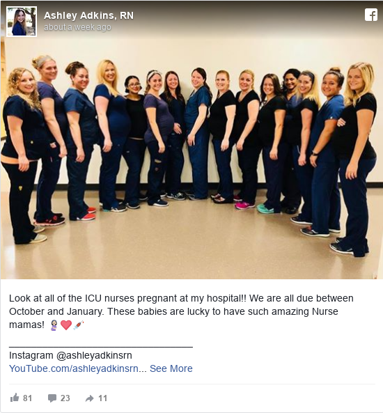 Publicación de Facebook por Ashley Adkins, RN: Look at all of the ICU nurses pregnant at my hospital!! We are all due between October and January. These babies are...