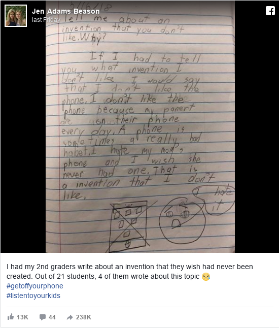 Publicación de Facebook por Jen: I had my 2nd graders write about an invention that they wish had never been created.  Out of 21 students, 4 of them wrote about this topic ??#getoffyourphone#listentoyourkids