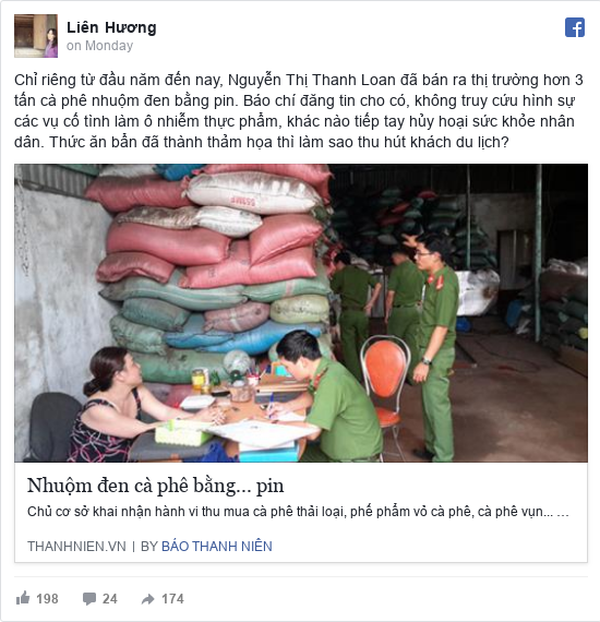 Facebook bởi Liên: Chỉ riêng từ đầu năm đến nay, Nguyễn Thị Thanh Loan đã bán ra thị trường hơn 3 tấn cà phê nhuộm đen bằng pin. Báo chí...