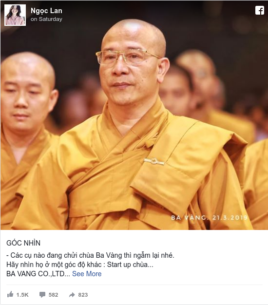Facebook bởi Lan: GÓC NHÌN 

- Các cụ nào đang chửi chùa Ba Vàng thì ngẫm lại nhé.
Hãy nhìn họ ở một góc độ khác   Start up chùa...
BA...