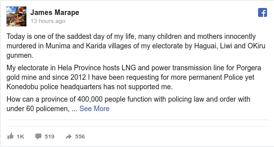 Facebook post by James: Today is one of the saddest day of my life, many children and mothers innocently murdered in Munima and Karida villages...
