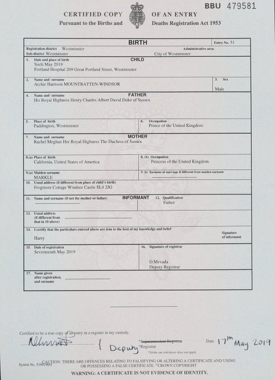 Archie Harrison Mountbatten-Windsor's birth certificate