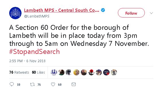 A twitter screenshot with a message from Lambeth police saying a section 60 is in place