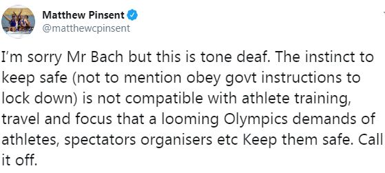 A tweet from Matthew Pinsent calling for the Olympics to be called off