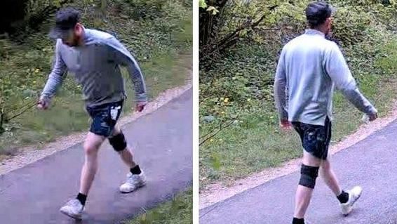 Two images of a man in shorts wearing a grey sweatshirt. In the left image he is walking towards the camera, in the right he is walking away from it.