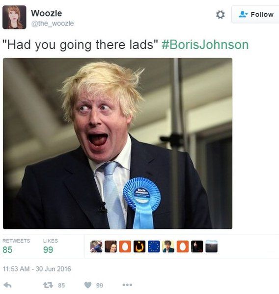 Tweet reads: "Had you going there lads" #BorisJohnson"