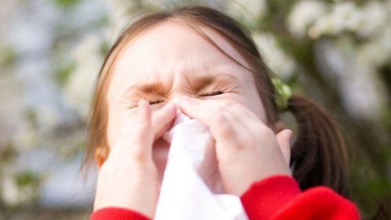 A young girl sneezes