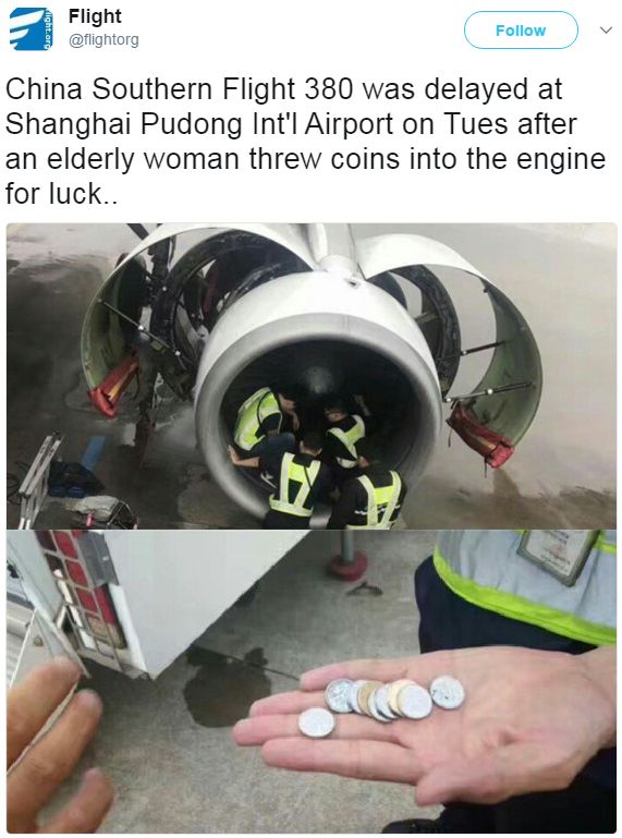 A tweet showing security personnel checking the engine of a China Southern Airlines flight for coins
