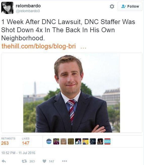 Tweet from @relombardo reads: '1 week after DNC lawsuit, DNC Staffer was shot down 4x in the back in his own neighbourhood.'