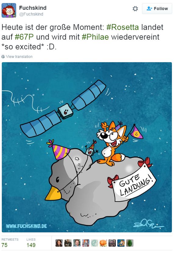 Cartoon of a party on the comet captioned "Today is the big moment: #Rosetta lands at # 67P and with #Philae reunited * so excited *: D"