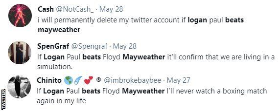 Boxing fans on Twitter discuss the possibility of Logan Paul beating Floyd Mayweather, with one fan saying they would never watch a boxing match again in their life if that happened.