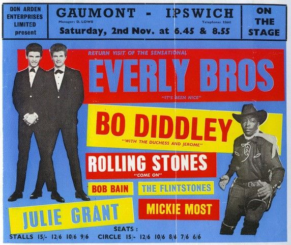 Concert poster for the Everly Brothers, Bo Diddley, the Rolling Stones and others at Ipswich Gaumont