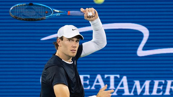 Jack Draper watching the ball after playing a shot during his quarter-final defeat by Holger Rune at the Cincinnati Open